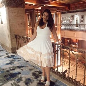 Halter White Dress with Blush Ruffle Hem